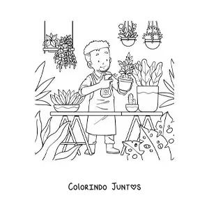 Desenho para colorir de um homem regando suas plantas na sua estufa