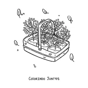 Desenho para colorir de plantas prontas para o transplante em uma cesta