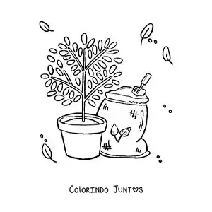 Desenho para colorir de uma planta no vaso ao lado de um saco de terra
