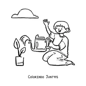 Desenho para colorir de um menino regando uma planta em um vaso