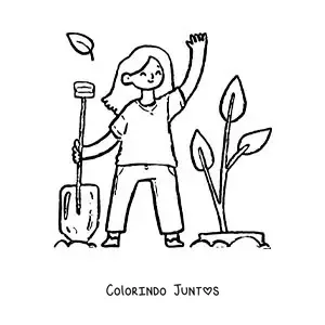 Desenho para colorir de uma menina transplantando uma planta para a terra