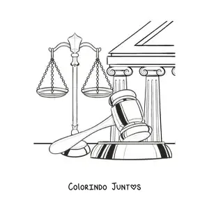 Desenho para colorir de uma balança e um martelo como símbolos da justiça