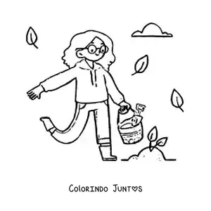 Desenho para colorir de uma menina cuidando de uma muda
