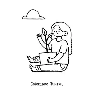 Desenho para colorir de uma menina abraçando uma planta no vaso