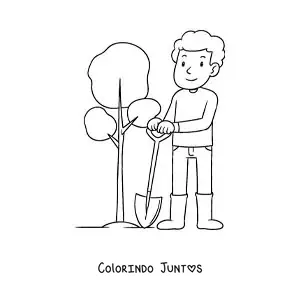 Desenho para colorir de um menino plantando uma planta na terra
