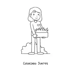 Desenho para colorir de uma menina cuidando do seu jardim