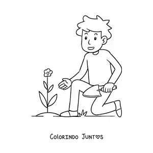 Desenho para colorir de um jovem plantando uma flor