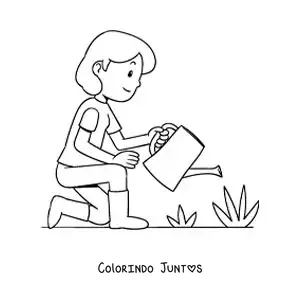 Desenho para colorir de uma jovem regando as plantas do seu jardim