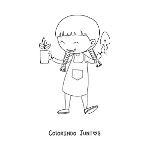 Desenho para colorir de uma menina com um vaso de planta e uma pá de jardinagem
