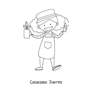 Desenho para colorir de uma menina jardineira com um vaso de planta e uma pá