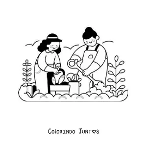 Desenho para colorir de duas meninas fazendo a manutenção de um jardim