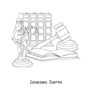Desenho para colorir de uma figura da Justiça segurando uma balança ao lado de um martelo