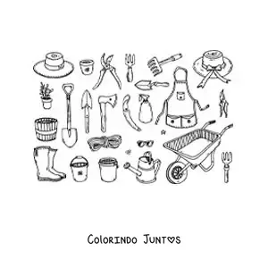 Desenho para colorir de ferramentas e equipamentos de jardinagem