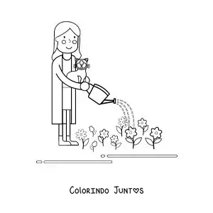 Desenho para colorir de uma mulher com seu gato regando flores