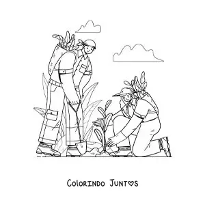Desenho para colorir de um casal cuidando do seu jardim