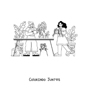 Desenho para colorir de duas meninas cuidando das plantas em uma estufa