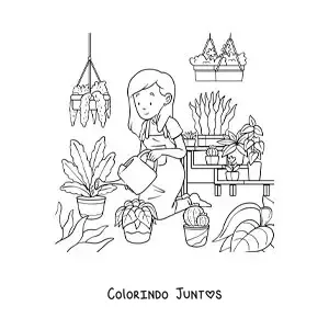 Desenho para colorir de uma mulher cuidando das plantas em uma estufa