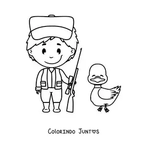 Desenho para colorir de um caçador ao lado de um pato