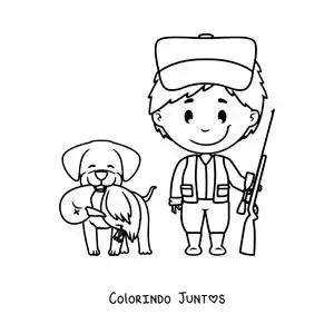 Desenho para colorir de um caçador ao lado de um cão de caça que pegou um pato