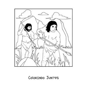 Desenho para colorir de dois homens da pré-história caçando com lança