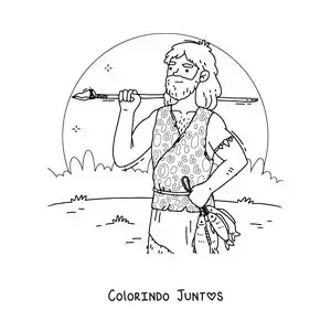 Desenho para colorir de um homem das cavernas caçando peixes com uma lança