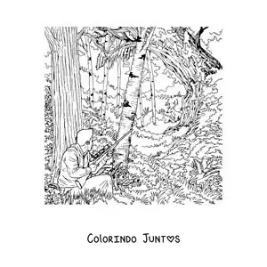 Desenho para colorir de um caçador mirando em um cervo na floresta