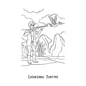 Desenho para colorir de um caçador mirando em um pato na natureza