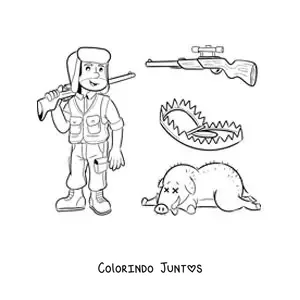 Desenho para colorir de um caçador de javalis com armadilhas e uma arma