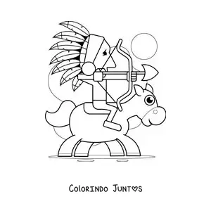 Desenho para colorir de um indígena a cavalo caçando com um arco