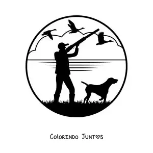 Desenho para colorir de silhueta de um caçador de patos com seu cão