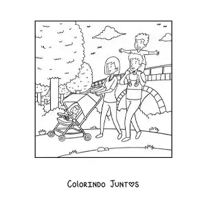 Desenho para colorir de uma família passeando no parque