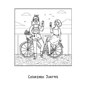 Desenho para colorir de duas amigas comendo sorvete em um passeio de bicicleta