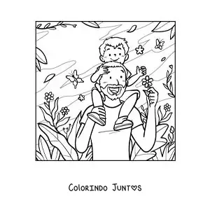 Desenho para colorir de um pai passeando pelo parque com o filho sentado nos seus ombros