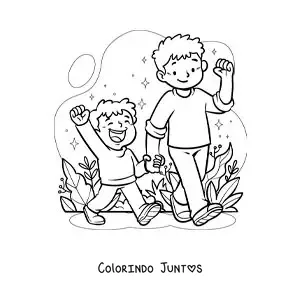 Desenho para colorir de um menino e seu irmão mais novo passeando de mãos dadas pelo parque