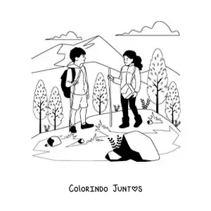 Desenho para colorir de um casal fazendo trilha nas montanhas