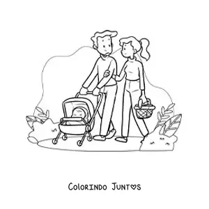 Desenho para colorir de um casal passeando no parque com seu bebê