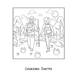 Desenho para colorir de um casal fazendo trilha