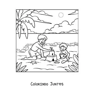 Desenho para colorir de um pai construindo um castelo de areia com o filho na praia