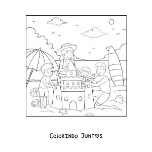 Desenho para colorir de uma família construindo um castelo de areia na praia