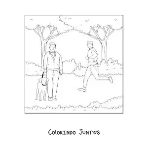 Desenho para colorir de um menino correndo e um homem passeando com seu cão no parque