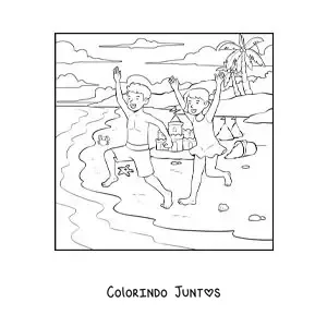Desenho para colorir de uma menina e seu irmão passeando na praia