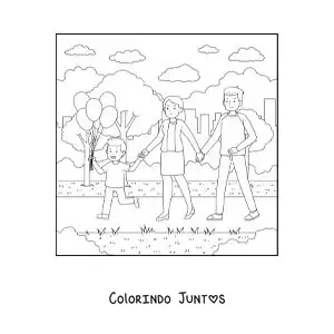 Desenho para colorir de uma família passeando no parque com o filho pequeno segurando balões