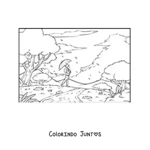Desenho para colorir de uma garota passeando no parque com uma sombrinha no outono