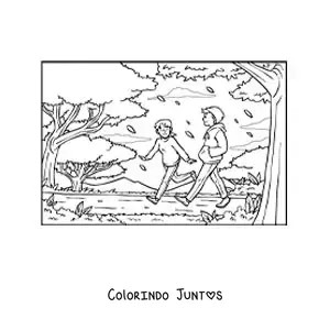 Desenho para colorir de um casal de jovens passeando no parque no outono