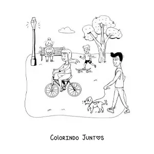 Desenho para colorir de pessoas de todas as idades passeando no parque