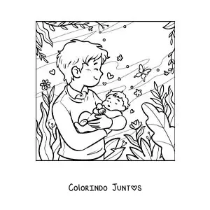 Desenho para colorir de um pai carregando o bebê no parque