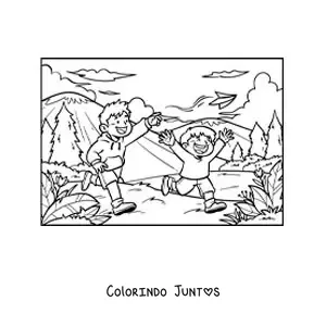 Desenho para colorir de dois irmãos correndo no parque