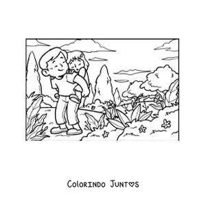 Desenho para colorir de um pai carregando a filha em uma trilha