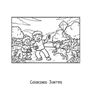 Desenho para colorir de dois irmãos empinando uma pipa com seu cachorro no parque