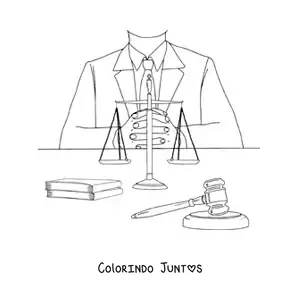 Desenho para colorir do tronco de um advogado diante de uma balança e um martelo